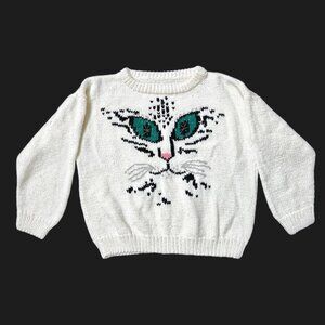 90s vintage cat face sweater homemade knitted kitten face cute twee boxy